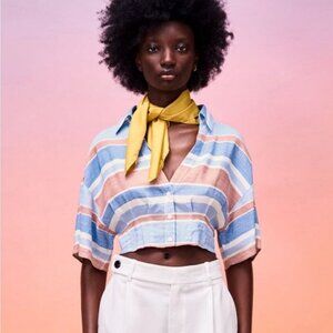 Zara Blouse Striped Linen Blend Button Up Cropped Short Sleeve Collared Sz S